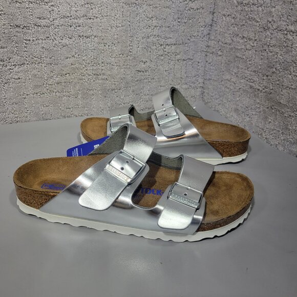 Birkenstock Arizona Soft Womens Size US 5 Silver Finish Birko-Flor Slide Sandal - Picture 11 of 15